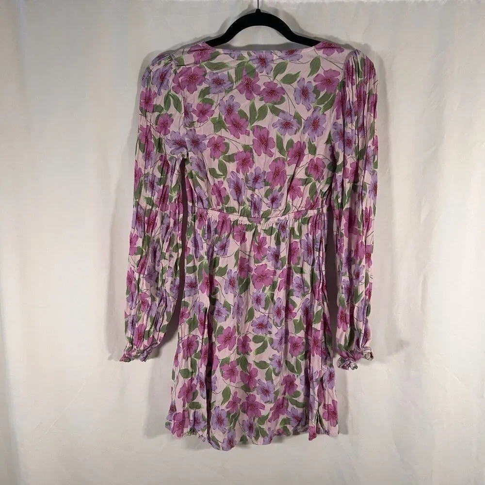 Gianni Bini Mini Dress Women's XS Pink Floral Vneck Long Sleeve Pullover
